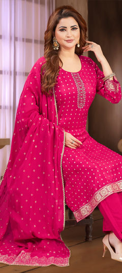 Pink and Majenta color Salwar Kameez in Silk fabric with Bugle Beads, Embroidered, Thread work