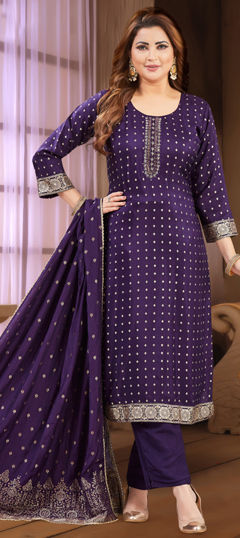 Purple and Violet color Salwar Kameez in Silk fabric with Bugle Beads, Embroidered, Thread work