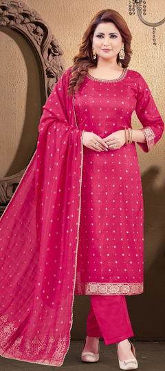 Pink and Majenta color Salwar Kameez in Silk fabric with Weaving, Zardozi, Zari work