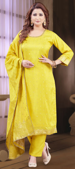Yellow color Salwar Kameez in Silk fabric with Weaving, Zardozi, Zari work