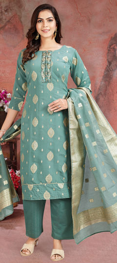 Green color Salwar Kameez in Silk fabric with Cut Dana, Embroidered, Thread work