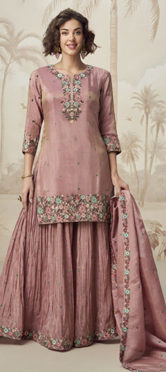 Pink and Majenta color Salwar Kameez in Organza Silk fabric with Embroidered, Resham, Stone, Thread work