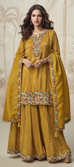 Yellow color Salwar Kameez in Organza Silk fabric with Embroidered, Resham, Stone, Thread work