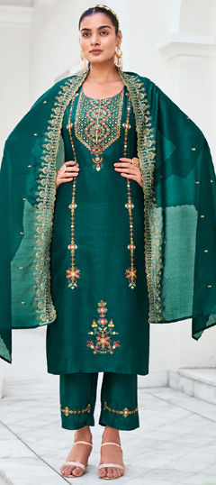 Green color Salwar Kameez in Silk fabric with Embroidered, Sequence, Thread work