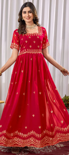 Red and Maroon color Gown in Faux Georgette fabric with Embroidered, Sequence, Thread, Zari work