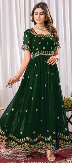 Green color Gown in Faux Georgette fabric with Embroidered, Sequence, Thread, Zari work