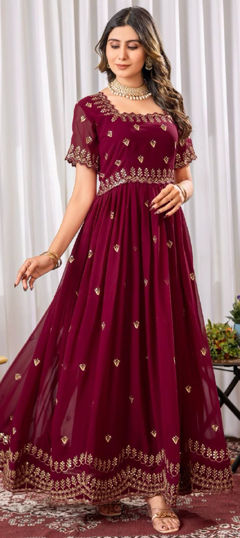 Red and Maroon color Gown in Faux Georgette fabric with Embroidered, Sequence, Thread, Zari work