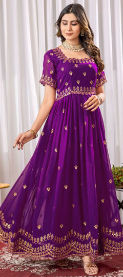 Purple and Violet color Gown in Faux Georgette fabric with Embroidered, Sequence, Thread, Zari work