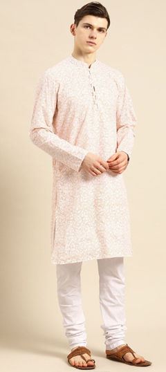 Orange color Kurta Pyjamas in Cotton fabric with Printed work