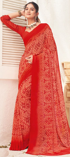 Red and Maroon color Saree in Georgette fabric with Printed work