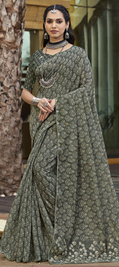 Green color Saree in Silk fabric with Printed work
