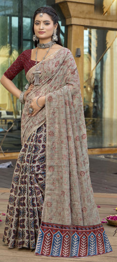 Beige and Brown color Saree in Silk fabric with Printed work