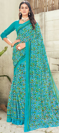 Blue color Saree in Georgette fabric with Printed work