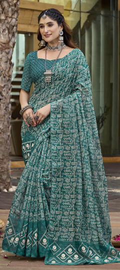 Blue color Saree in Silk fabric with Printed work