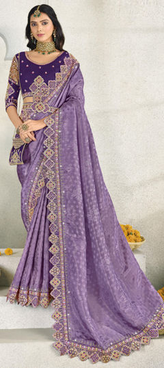 Purple and Violet color Saree in Silk fabric with Embroidered, Resham, Sequence, Thread work