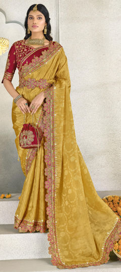 Yellow color Saree in Silk fabric with Embroidered, Resham, Sequence, Thread work