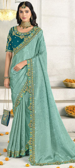 Blue color Saree in Silk fabric with Embroidered, Resham, Sequence, Thread work
