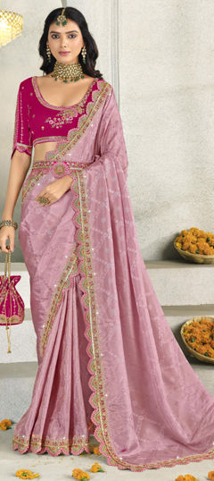 Pink and Majenta color Saree in Silk fabric with Embroidered, Resham, Sequence, Thread work