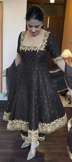 Black and Grey color Salwar Kameez in Silk fabric with Embroidered, Sequence, Thread work