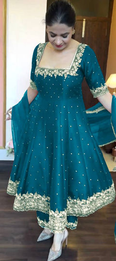 Blue color Salwar Kameez in Silk fabric with Embroidered, Sequence, Thread work