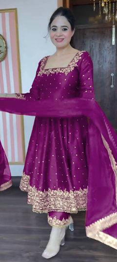 Purple and Violet color Salwar Kameez in Silk fabric with Embroidered, Sequence, Thread work