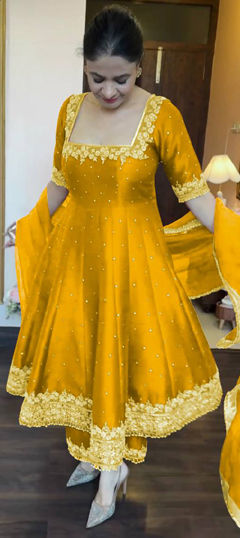 Yellow color Salwar Kameez in Silk fabric with Embroidered, Sequence, Thread work