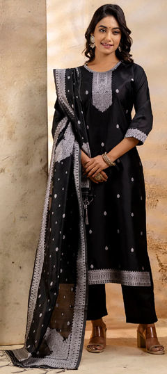 Black and Grey color Salwar Kameez in Blended Cotton fabric with Weaving work