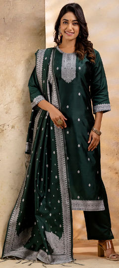Green color Salwar Kameez in Blended Cotton fabric with Weaving work