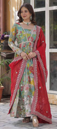 Multicolor color Gown in Silk fabric with Digital Print, Embroidered, Sequence, Thread, Zari work