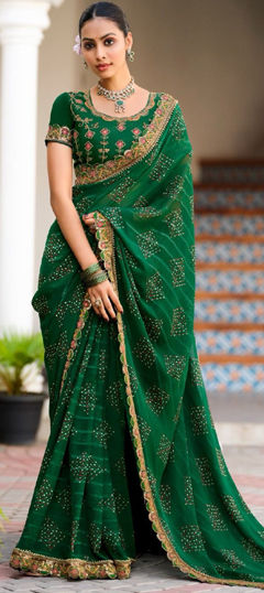 Green color Saree in Georgette fabric with Embroidered, Printed, Sequence, Thread work