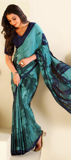 Blue color Saree in Crepe Silk fabric with Printed work