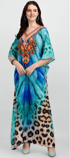 Blue color Kaftan in Crepe Silk fabric with Digital Print, Stone work