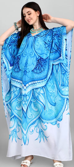 Blue color Kaftan in Crepe Silk fabric with Digital Print, Stone work
