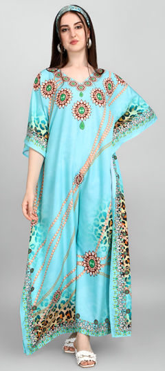 Blue color Kaftan in Crepe Silk fabric with Digital Print, Stone work