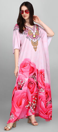 Pink and Majenta color Kaftan in Crepe Silk fabric with Digital Print, Stone work