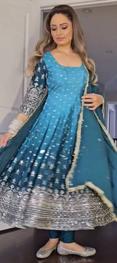Blue color Salwar Kameez in Chinon Silk fabric with Embroidered, Sequence, Thread work