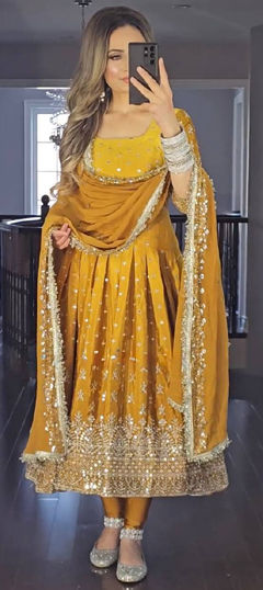 Yellow color Salwar Kameez in Chinon Silk fabric with Embroidered, Sequence, Thread work