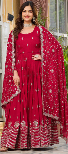 Red and Maroon color Gown in Silk fabric with Embroidered, Sequence, Thread work