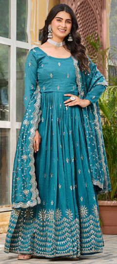 Blue color Gown in Silk fabric with Embroidered, Sequence, Thread work