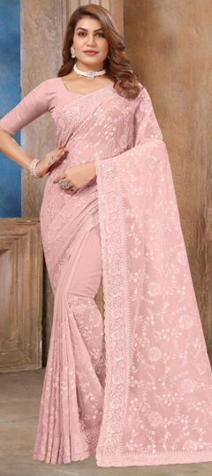 Pink and Majenta color Saree in Georgette fabric with Embroidered, Resham, Sequence, Thread work