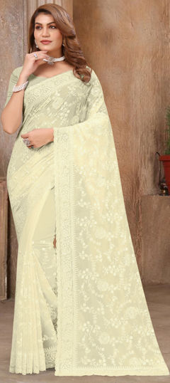 White and Off White color Saree in Georgette fabric with Embroidered, Resham, Sequence, Thread work