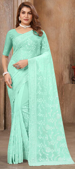 Blue color Saree in Georgette fabric with Embroidered, Resham, Sequence, Thread work