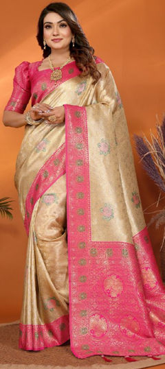 Beige and Brown color Saree in Banarasi Silk fabric with Weaving, Zari work