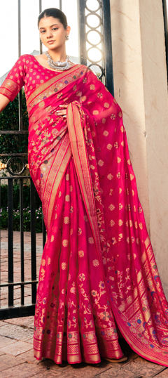 Pink and Majenta color Saree in Georgette fabric with Weaving work