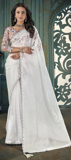 White and Off White color Saree in Crushed Silk fabric with Stone work