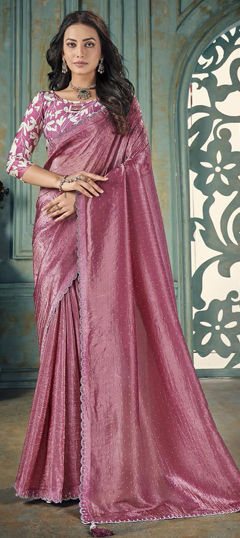 Pink and Majenta color Saree in Crushed Silk fabric with Stone work