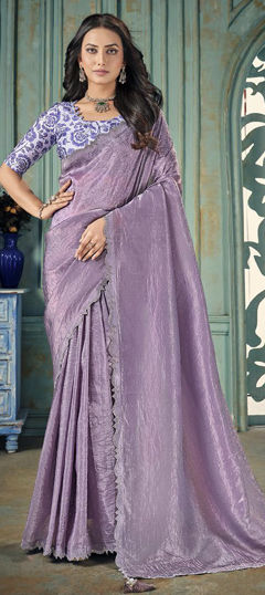 Purple and Violet color Saree in Crushed Silk fabric with Stone work