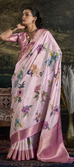 Pink and Majenta color Saree in Silk fabric with Floral, Printed, Weaving work