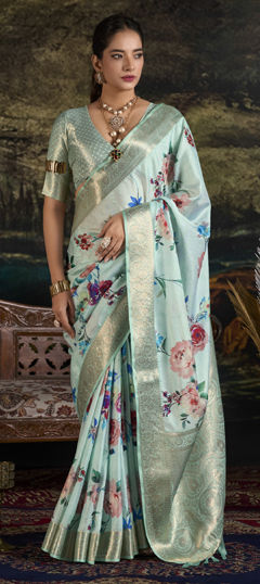Blue color Saree in Silk fabric with Floral, Printed, Weaving work