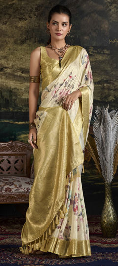 Beige and Brown color Saree in Silk fabric with Floral, Printed, Weaving work
